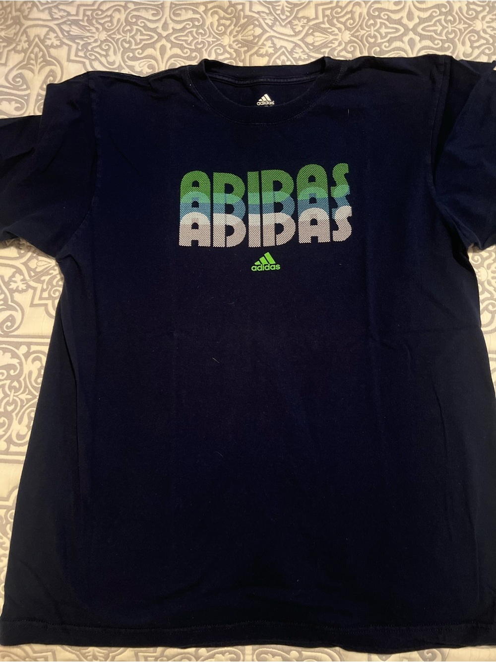 Adidas Men's Large Navy Blue Stacked Graphic Tee T-Shirt